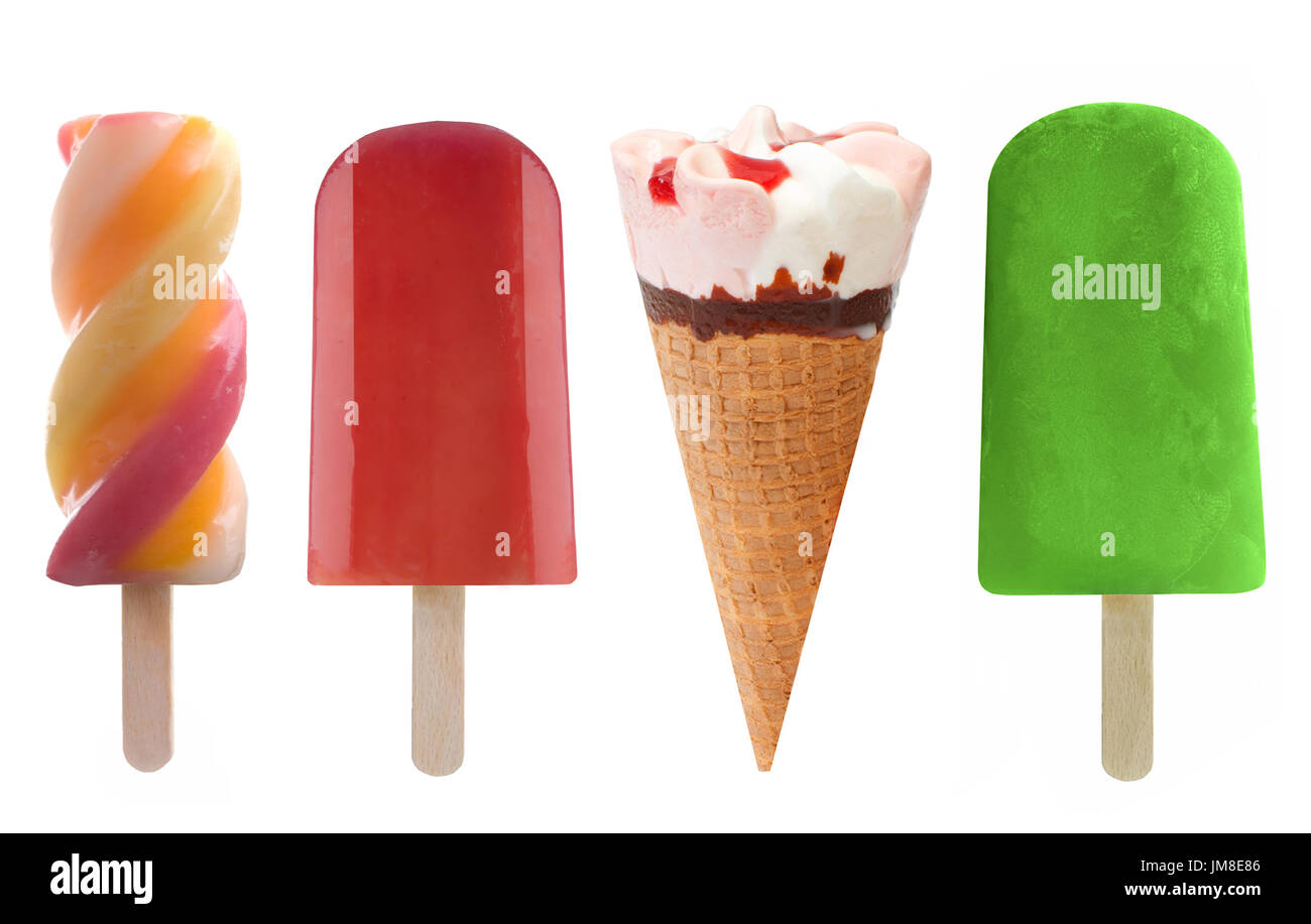 Set of four frozen lollies and icecream over a white background Stock Photo