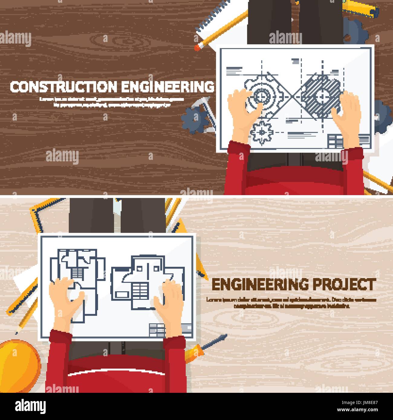 Vector illustration. Engineering and architecture. Drawing, construction. Architectural project. Design, sketching. Workspace with tools. Planning, building. Stock Vector