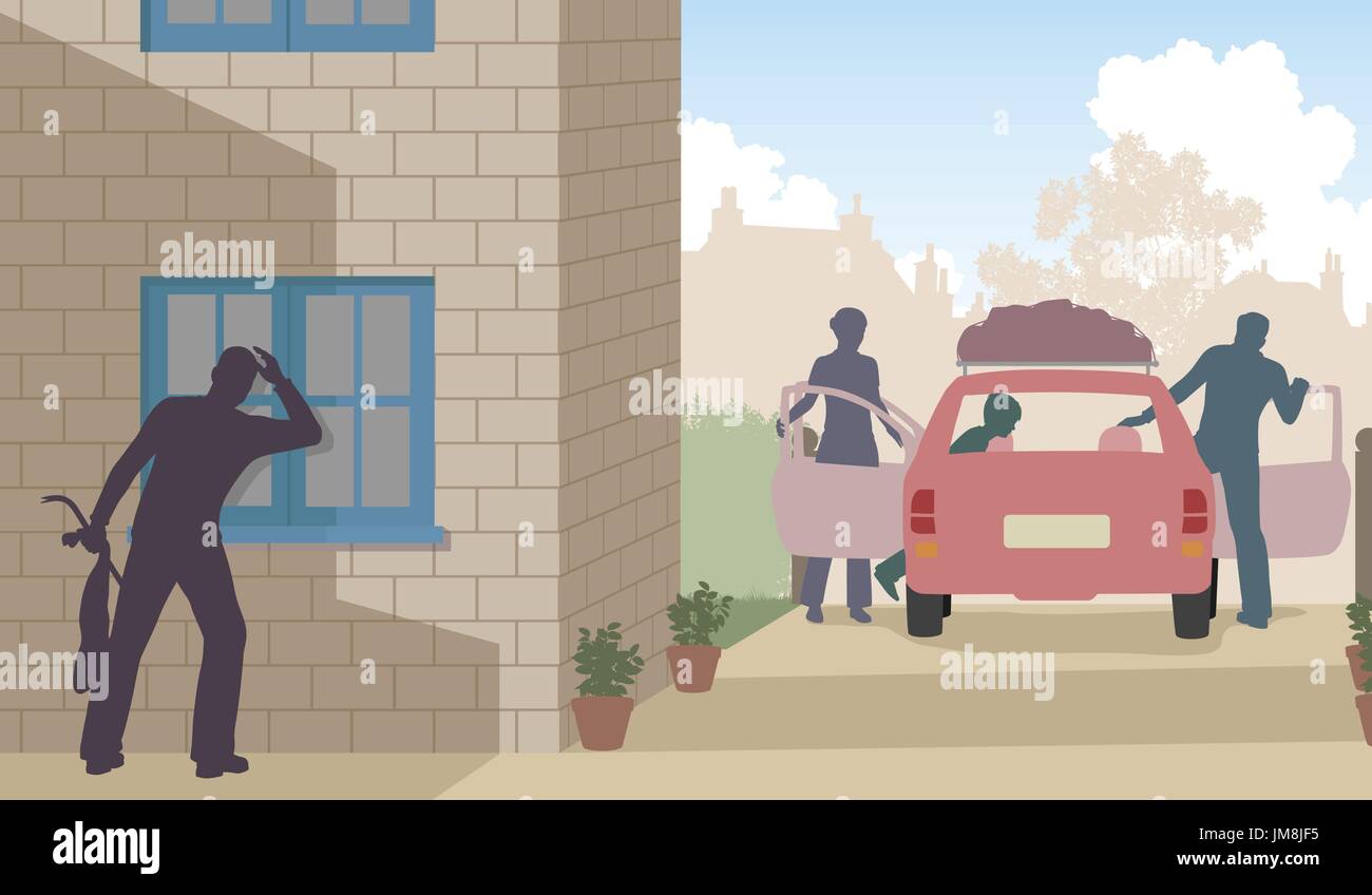 Editable vector illustration of a thief taking the opportunity to burglar as a family goes on vacation Stock Vector