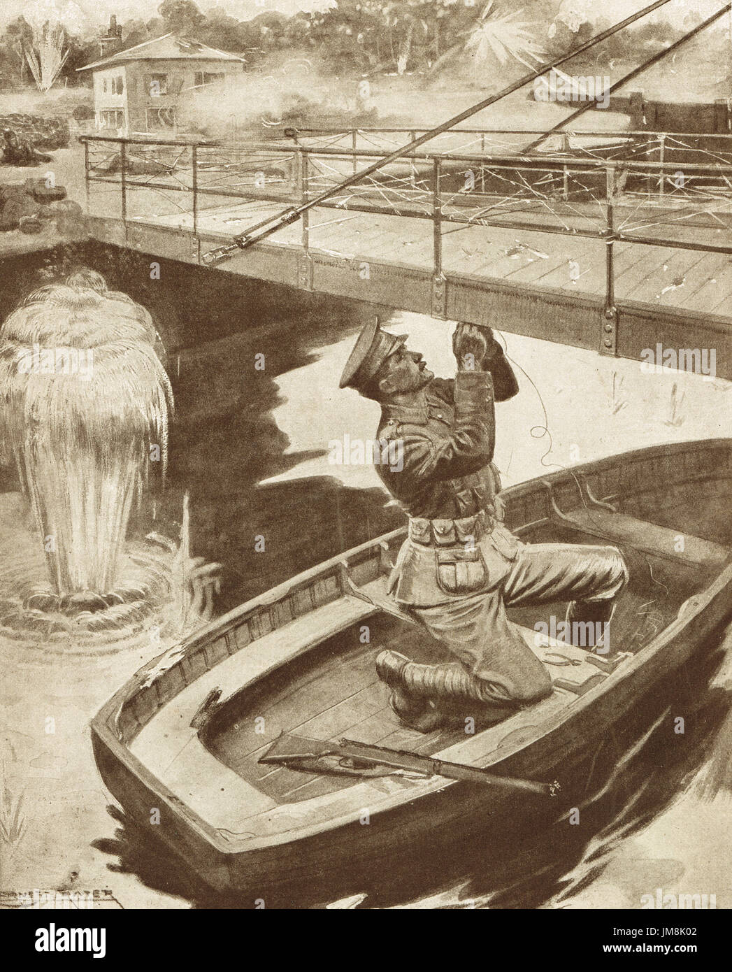 Charles Jarvis VC demolishing a bridge,  23 August 1914, Jemappes, Belgium, Stock Photo