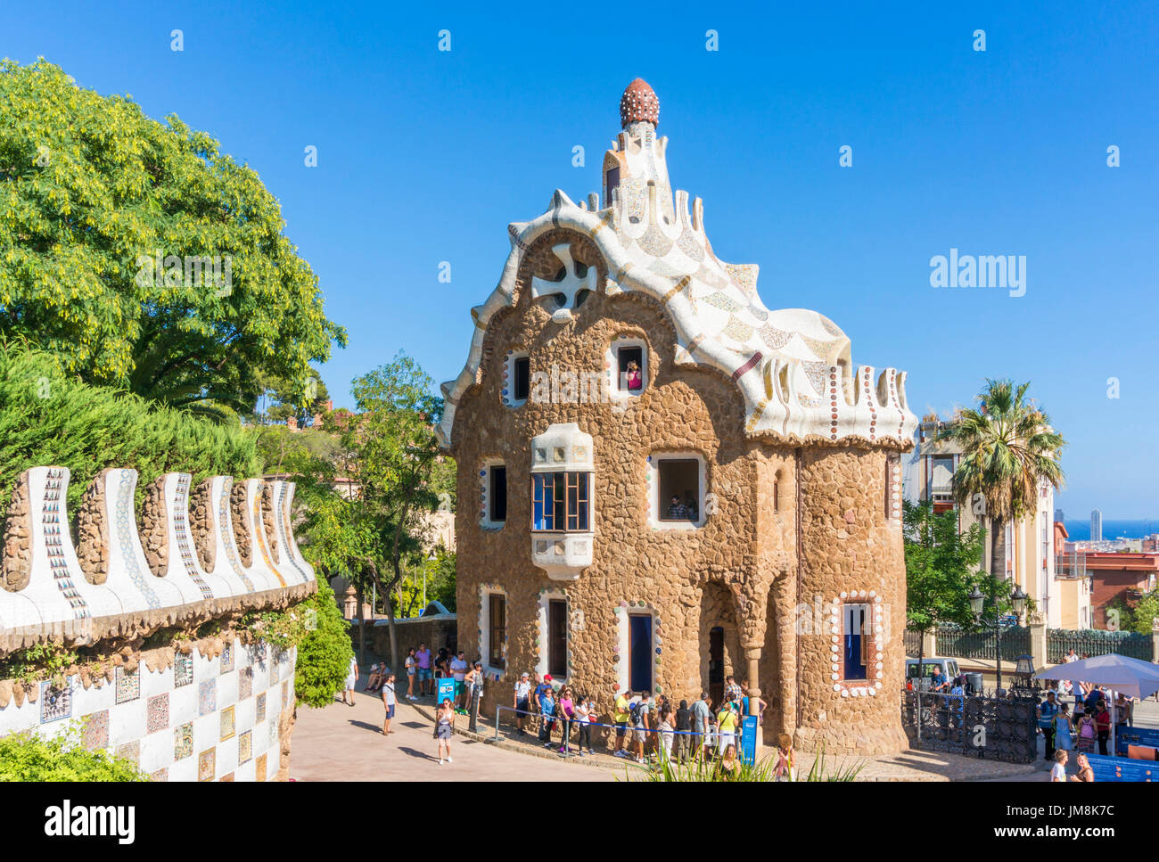 Barcelona Catalunya Park Guell barcelona parc guell barcelona entrance porters lodge casa del guarda tourists  Barcelona spain eu europe Catalonia Stock Photo