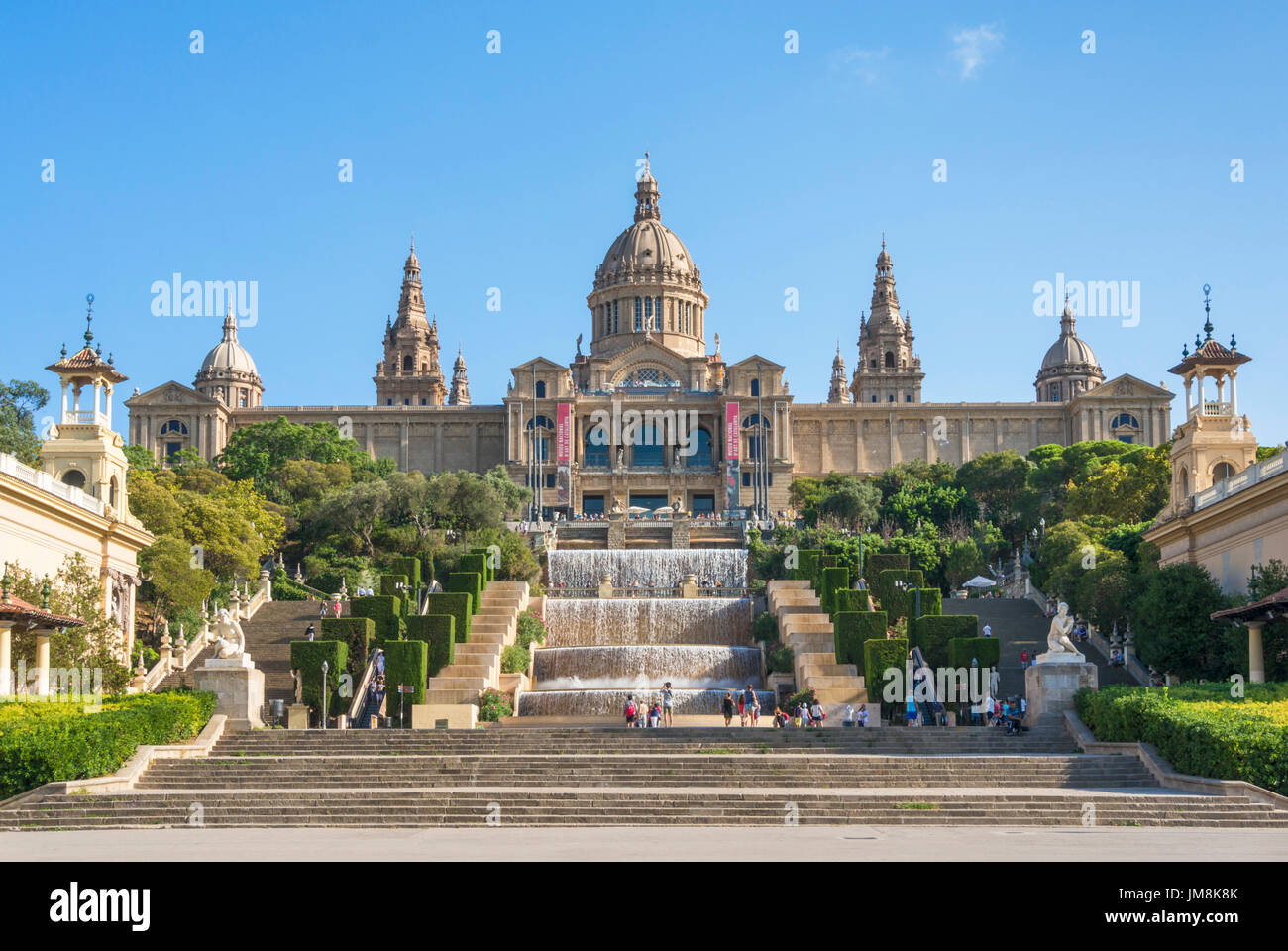 Barcelona Catalunya spain Barcelona city Palau Nacional National Art Museum of Catalonia Placa de les Cascades Water cascade Montjuic Barcelona Spain Stock Photo