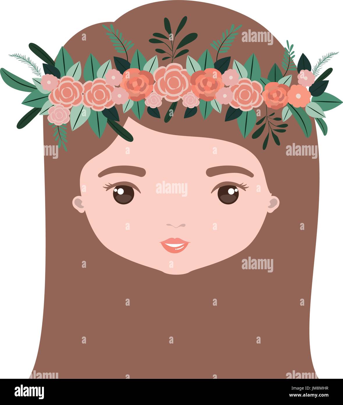 colorful caricature closeup front view face woman with straigh medium hairstyle and crown decorate with flowers Stock Vector