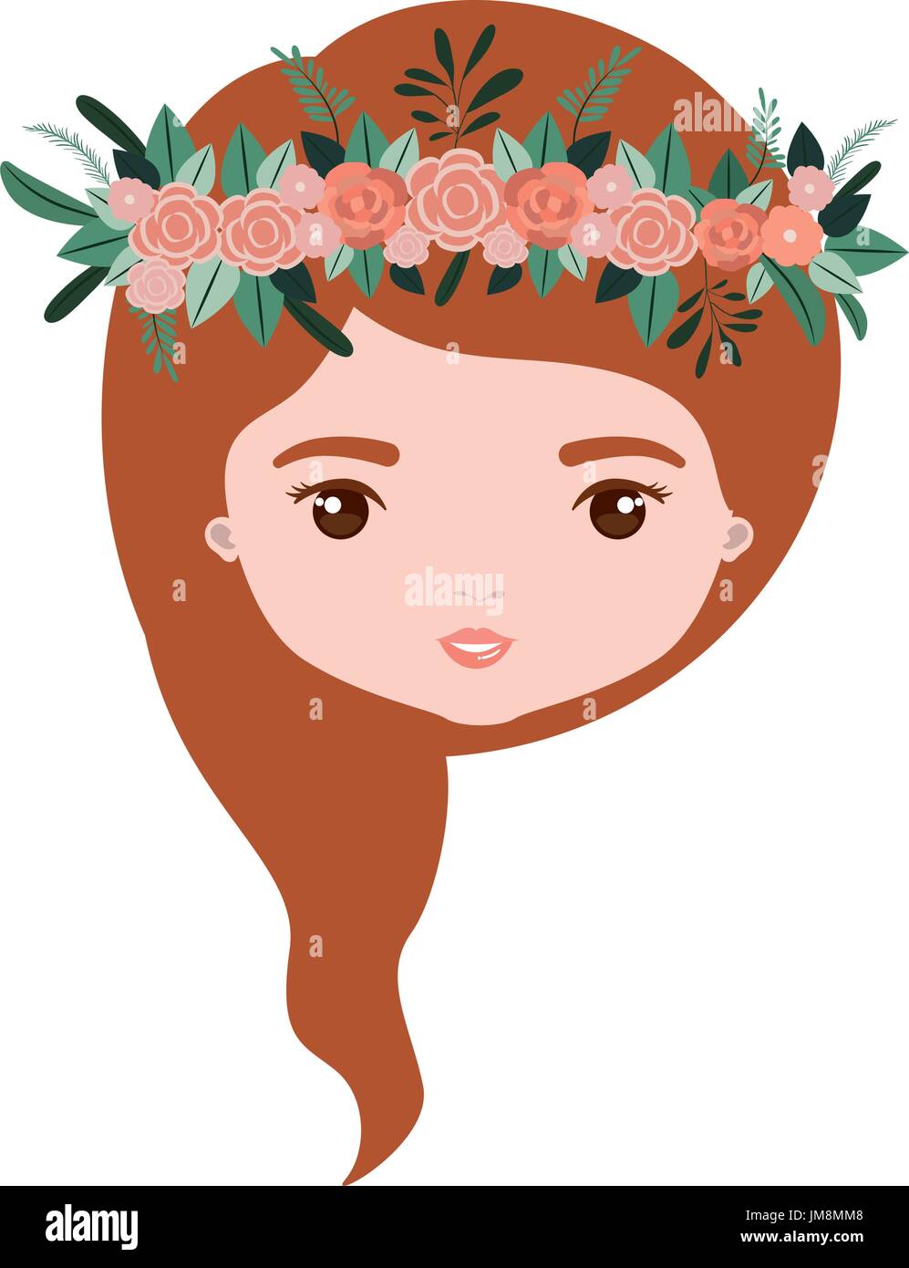colorful caricature closeup front view face woman with wavy medium red hairstyle and crown decorate with flowers Stock Vector