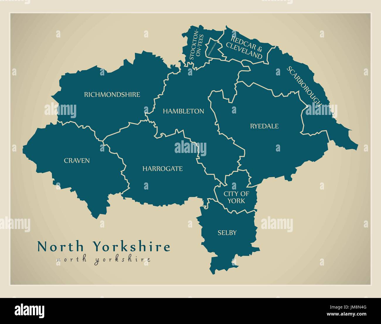 Modern Map - North Yorkshire county with district captions England UK illustration Stock Vector