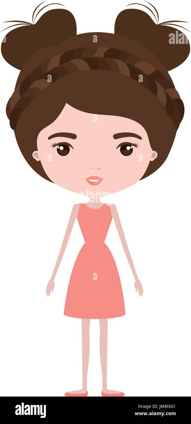 Colorful Caricature Skinny Woman In Dress With Double Bun