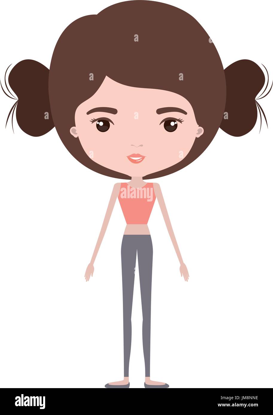Colorful Caricature Skinny Woman In Clothes With Double Bun