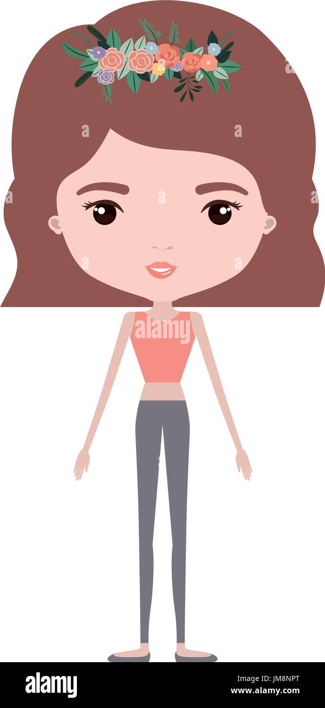 Colorful Caricature Skinny Woman In Clothes With Wavy Short