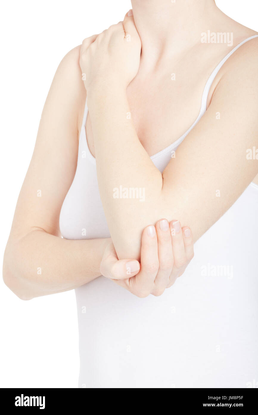 Elbow pain, woman in white shirt holding her arm isolated on white, clipping path Stock Photo