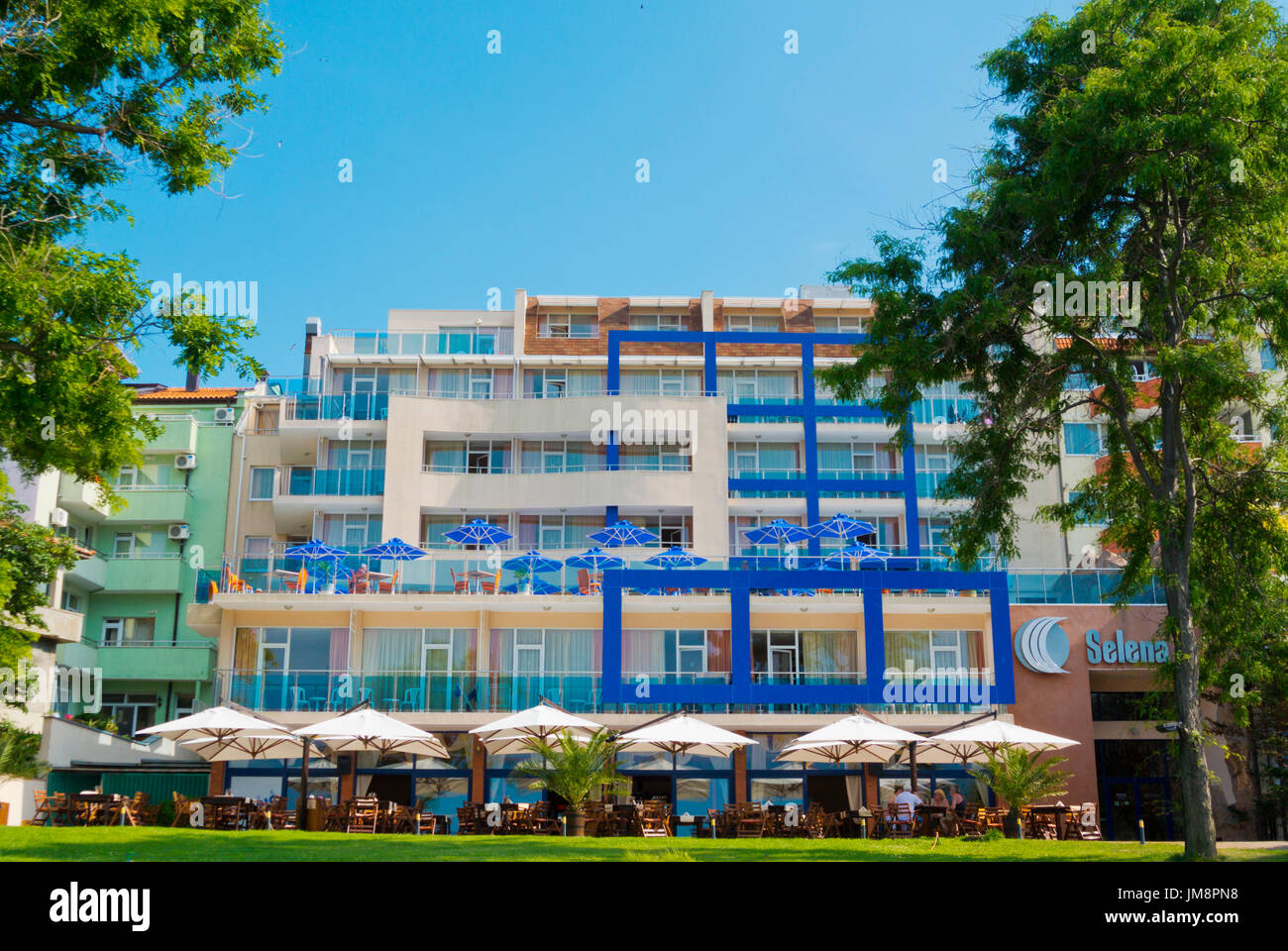 Hotel Selena, in front of Central beach, Sozopol, Bulgaria Stock Photo