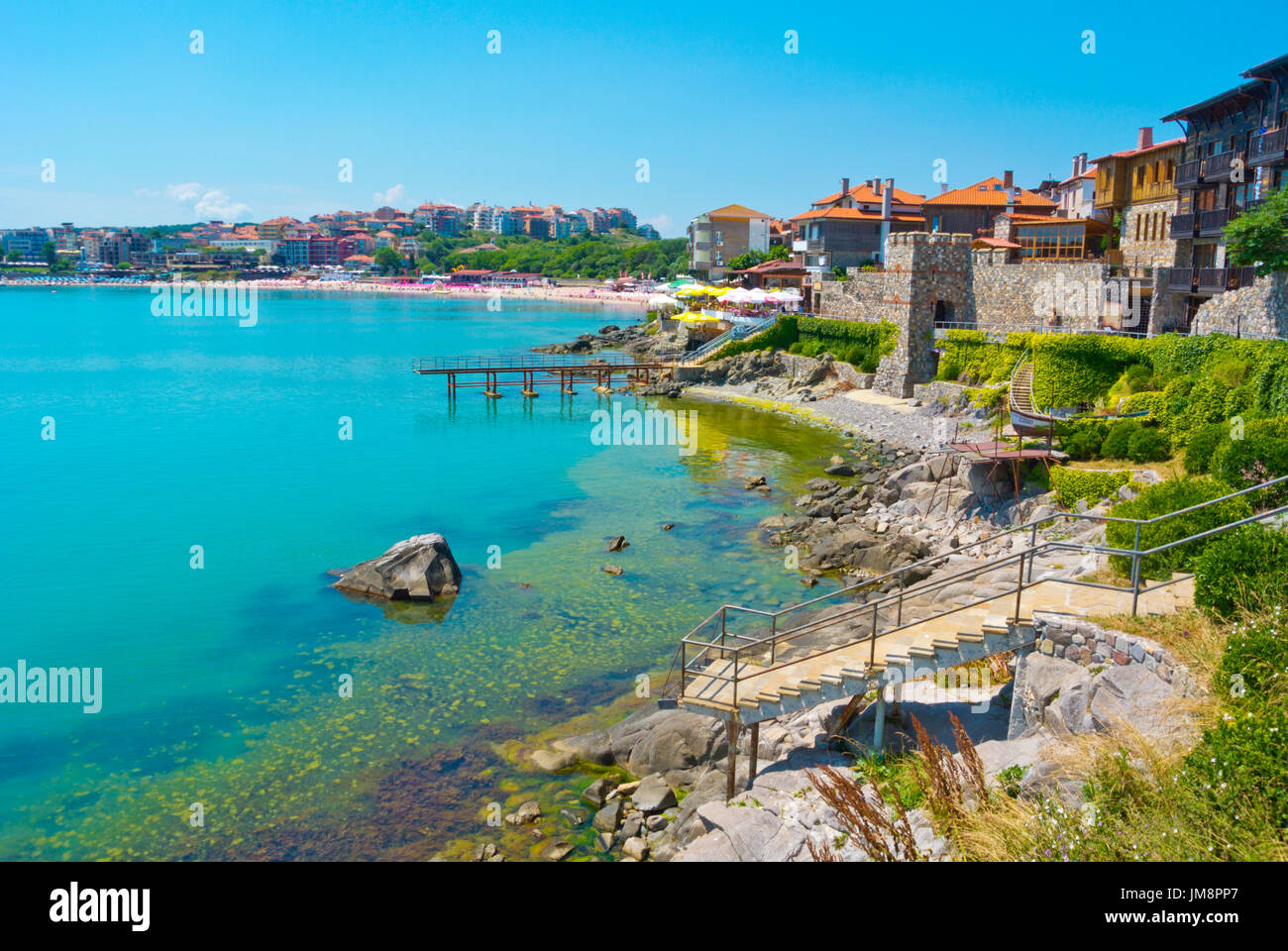 Views on seaside promenade on the south side of old town, Sozopol, Bulgaria Stock Photo
