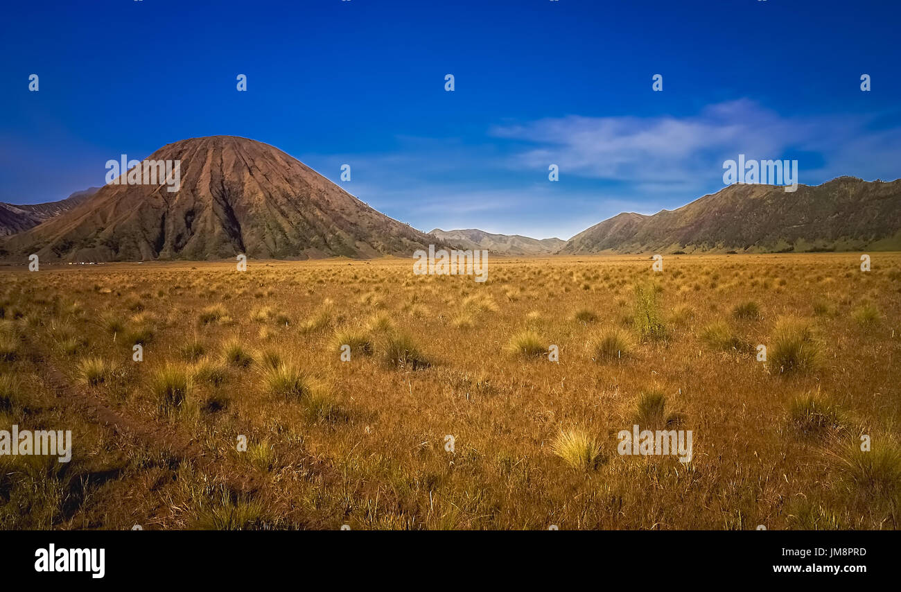 Spectacular landscape of Gunung Bromo and Sumeru volcanoes in Java, Indonesia Stock Photo