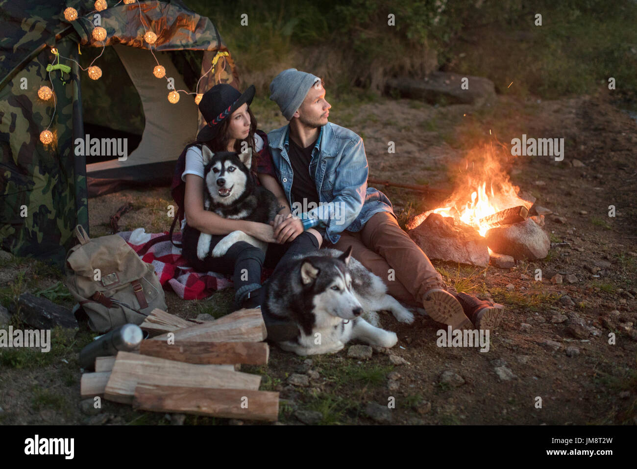 Couple with dogs in tent on nature Stock Photo