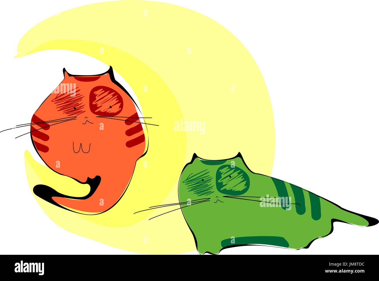 Two colorful cats on a roof, watching the stars, vector illustration Stock Vector