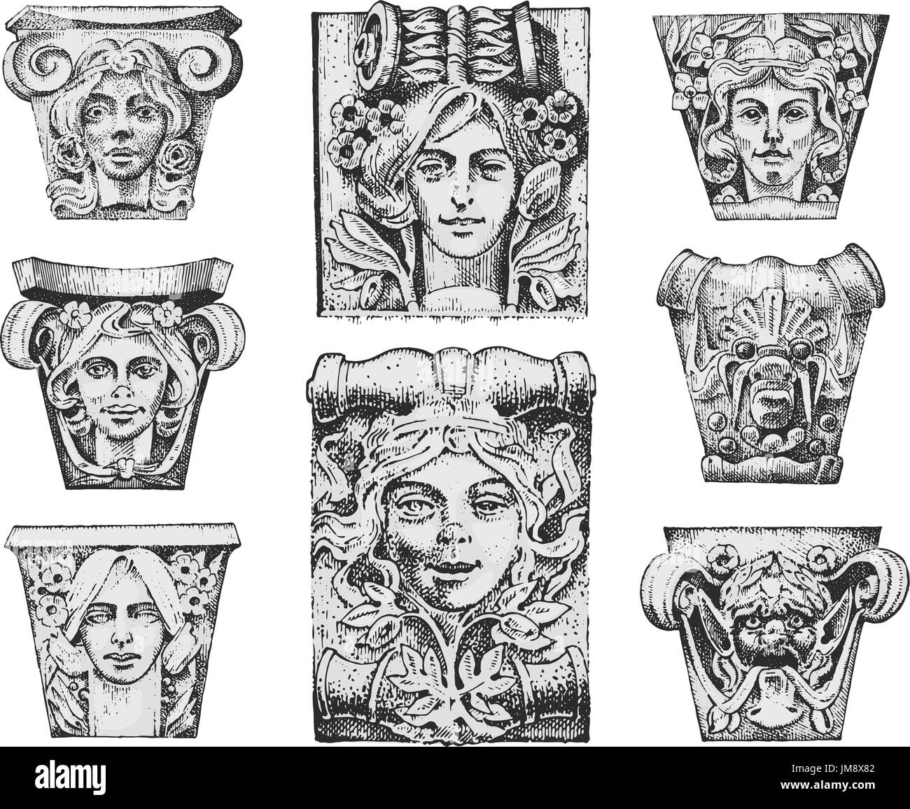 Detail ancient classic building. architectural ornamental elements. showing Tuscan, Doric, Ionic and Roman column. engraved hand drawn in old sketch, vintage and Antique, baroque or gothic style. Stock Vector