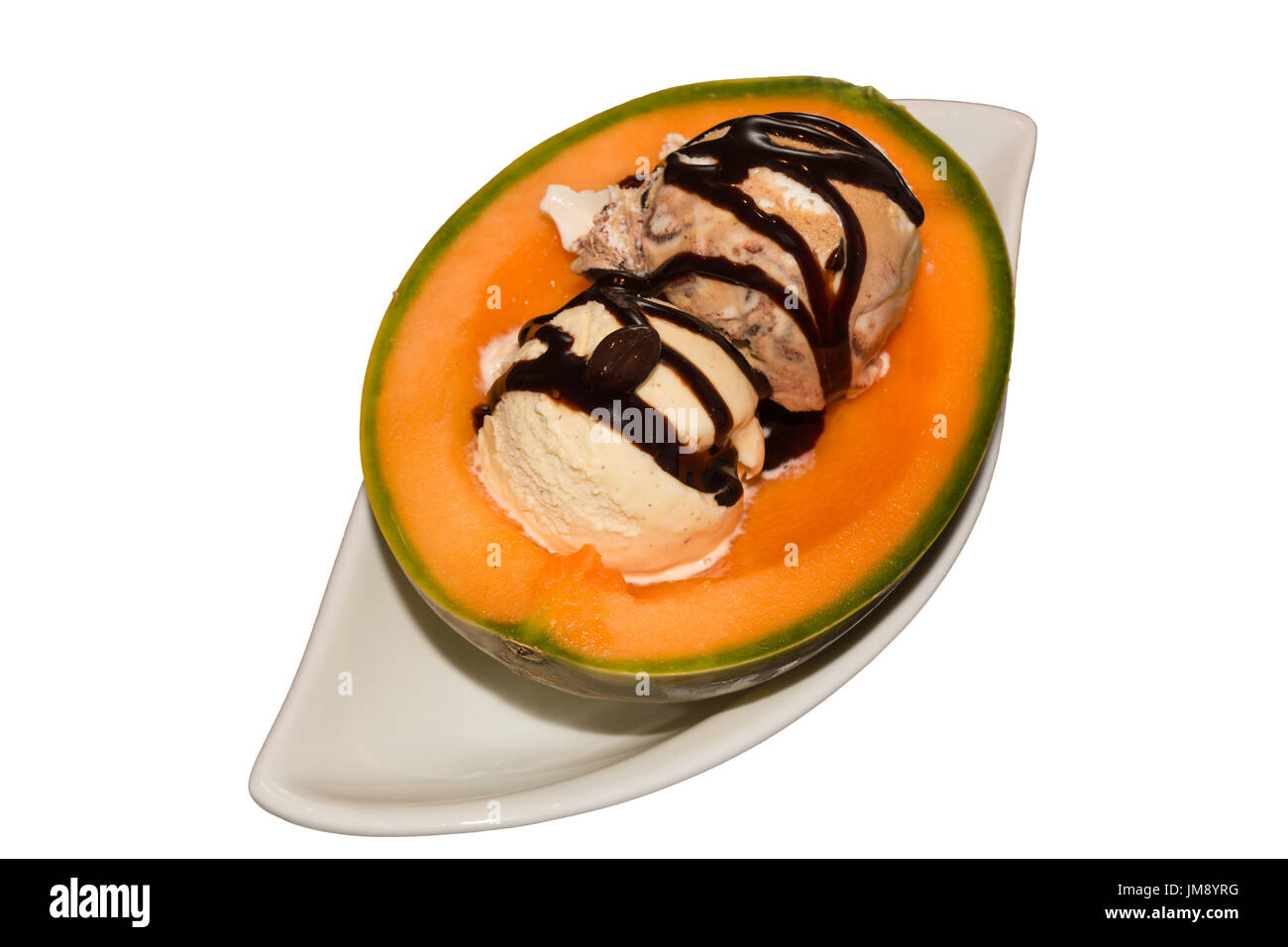 Melon filled with ice balls and garnish Stock Photo