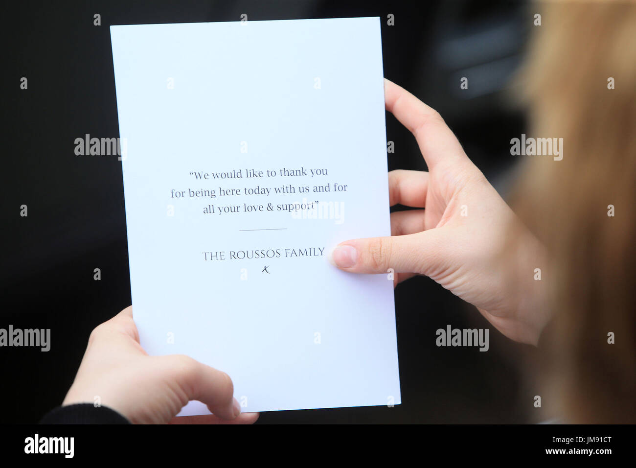 A message of thanks on a leaflet which was handed out at the funeral  service of Saffie Roussos, who died in the Manchester Arena bombing, at  Manchester Cathedral Stock Photo - Alamy