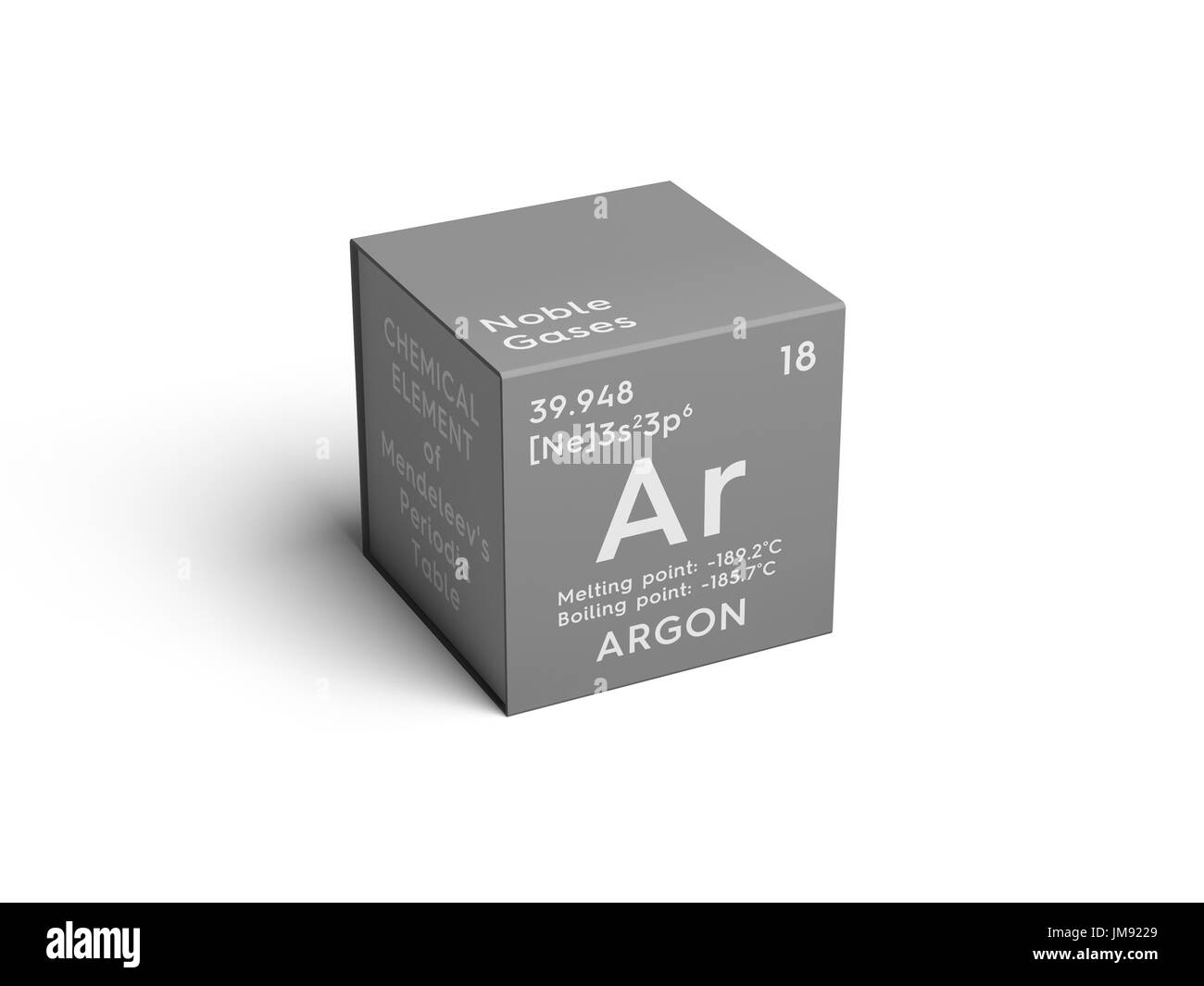 Argon. Noble gases. Chemical Element of Mendeleev's Periodic Table. Argon in square cube creative concept. Stock Photo