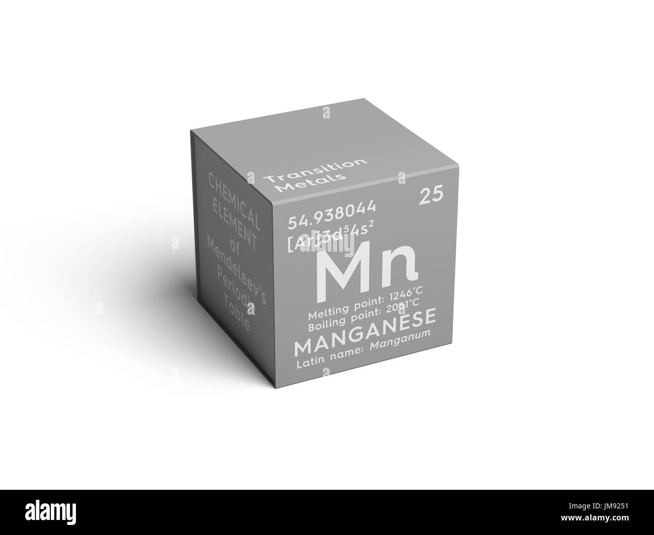 Manganese. Manganum. Transition metals. Chemical Element of Mendeleev's Periodic Table. Manganese in square cube creative concept. Stock Photo
