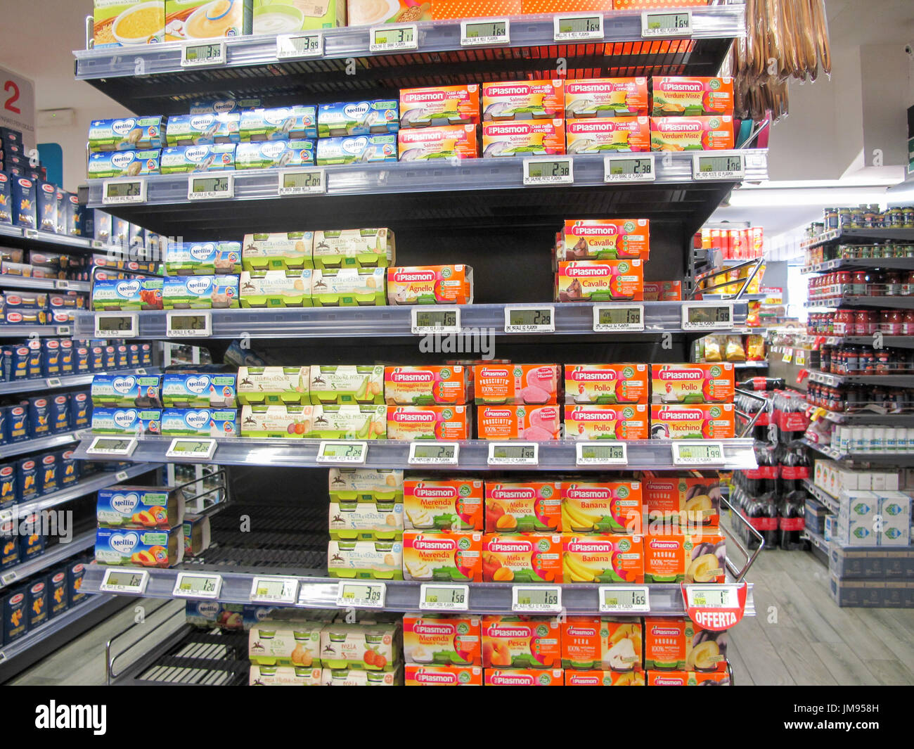 A display of different brands into a supermarket in Italy. Rome Stock Photo