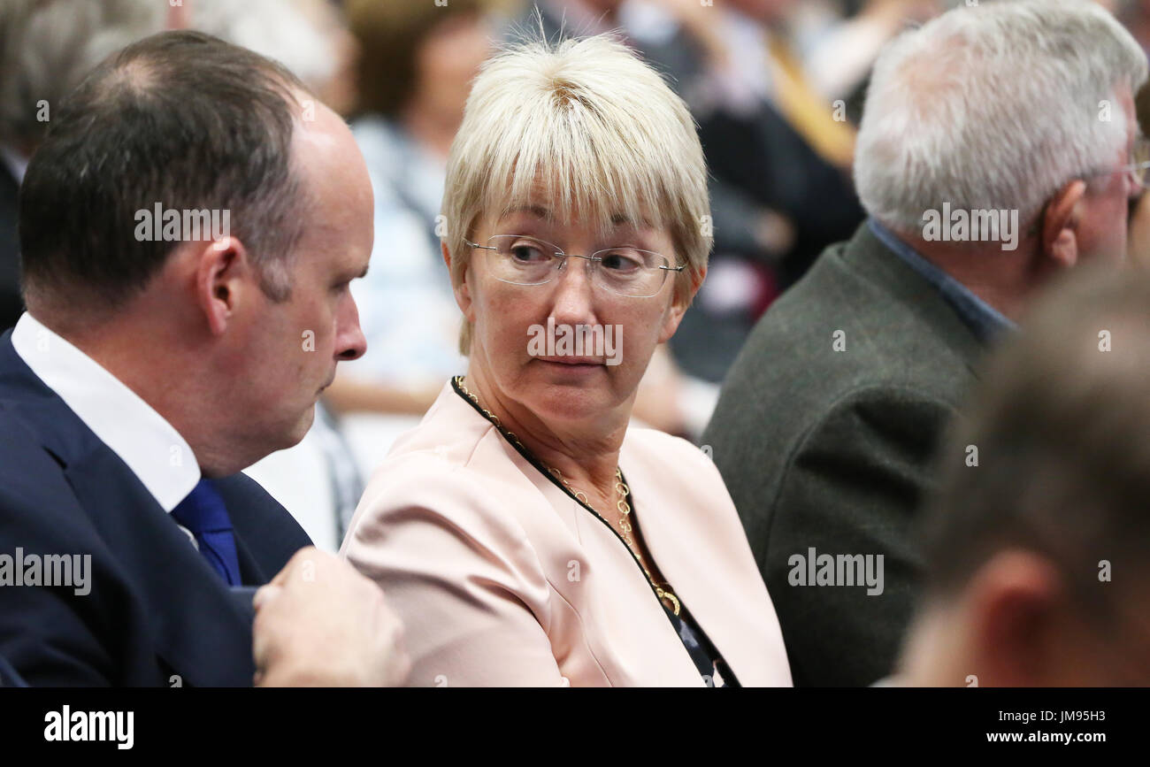 Former Fianna Fail Minister Mary Hanafin watches as former Taoiseach Brian Cowen receives an honorary degree from the National University of Ireland at Dublin Castle. Stock Photo