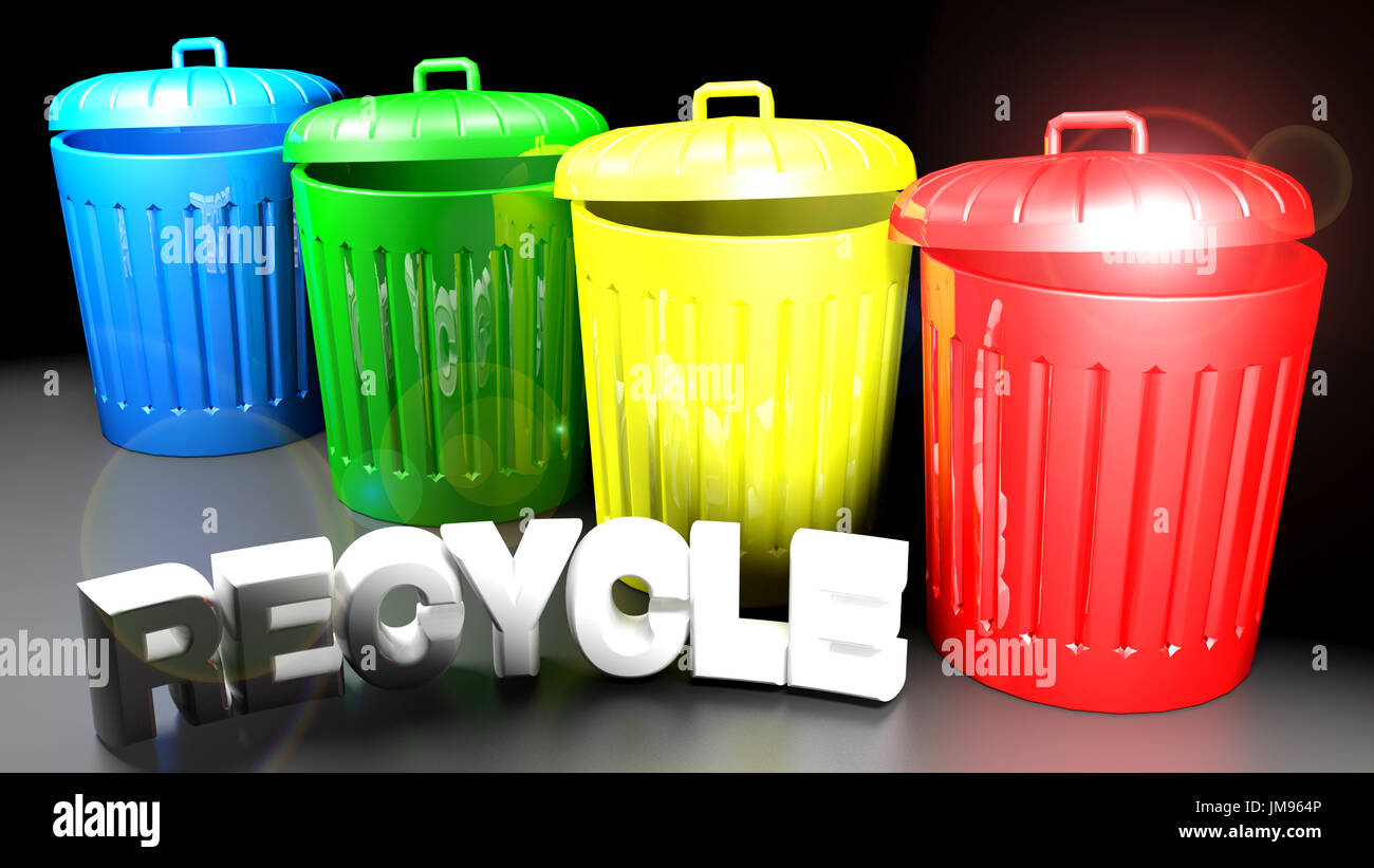 Garbage cans with different color for different materials recycling Stock Photo