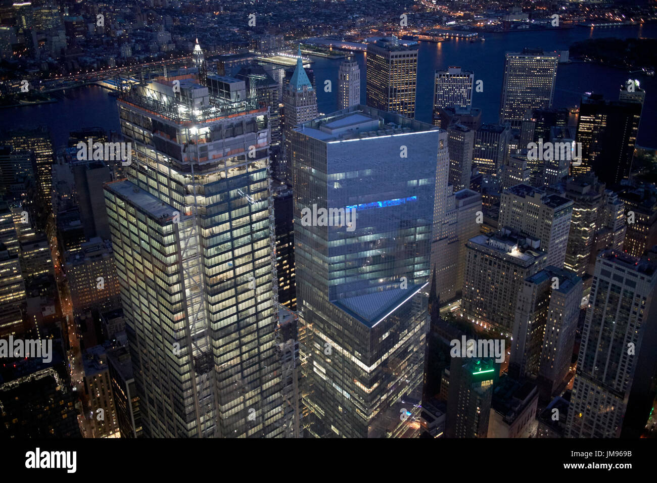 aerial view of three and four world trade center and financial district New York City USA Stock Photo