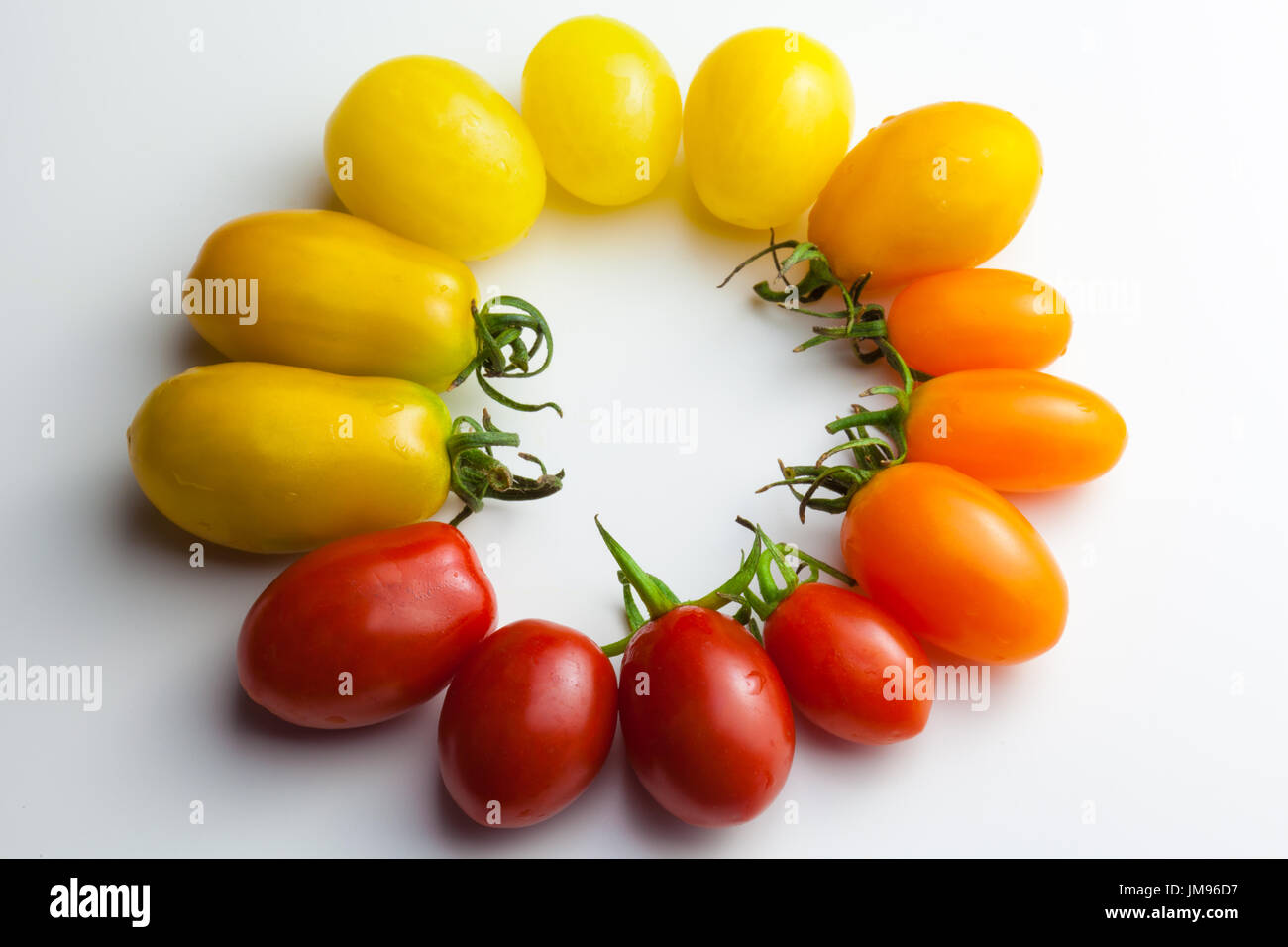 Cherry tomatoes in a circle for color nuance on white background. Stock Photo