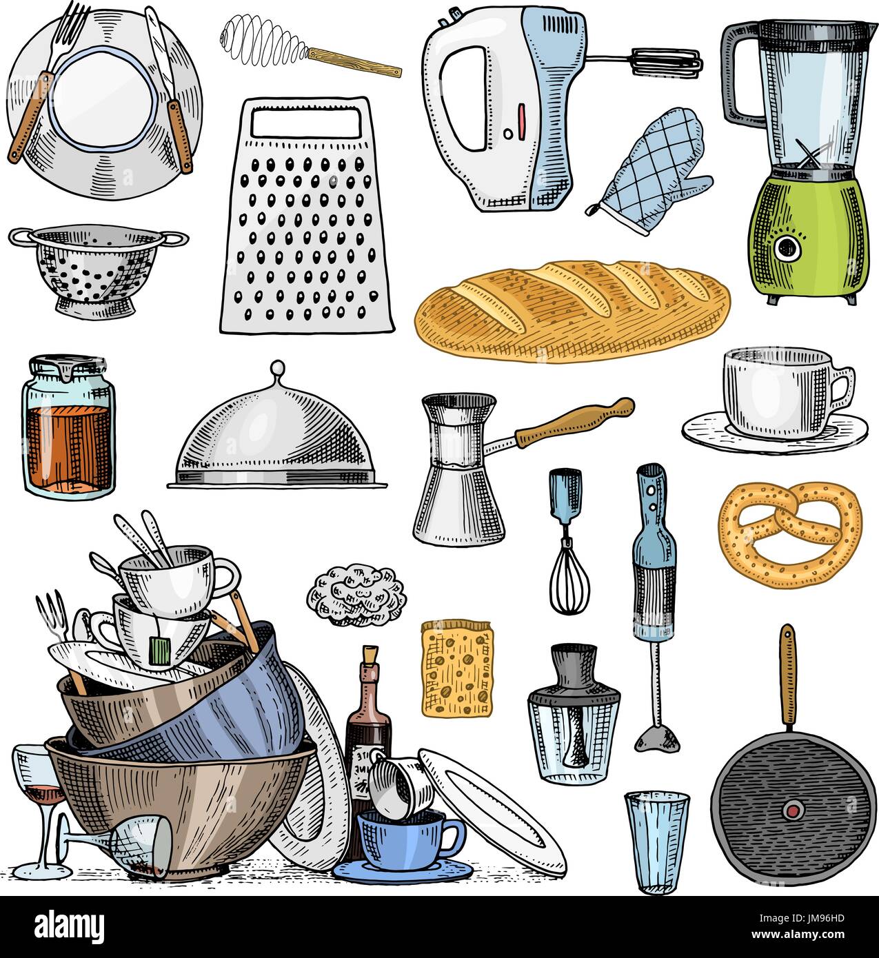 Grater and whisk, frying pan, Turk for coffee, cup of tea, mixer