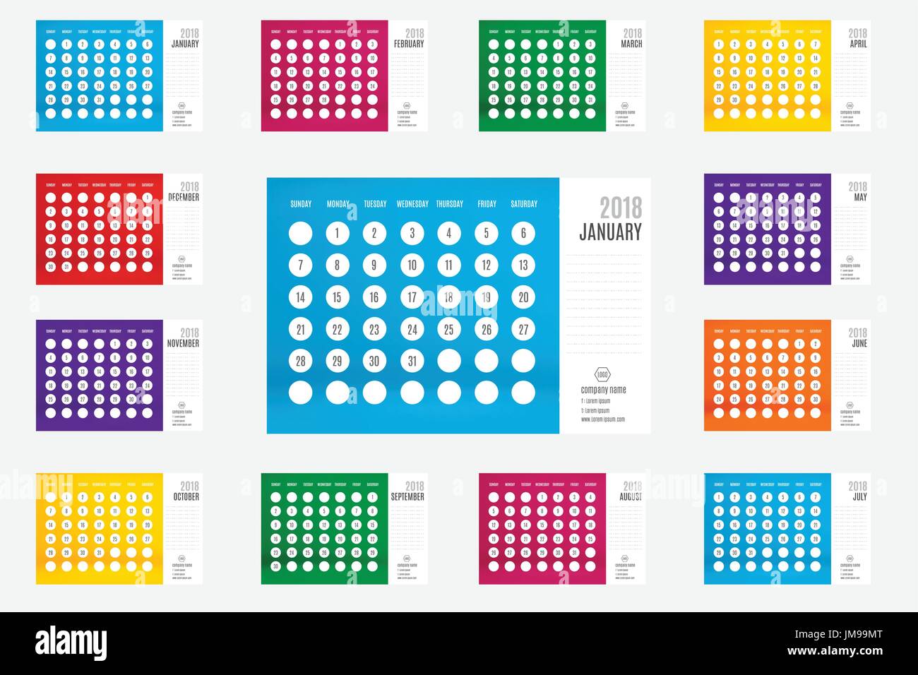 vector of calendar 2018 new year 12 month calendar set with vivid