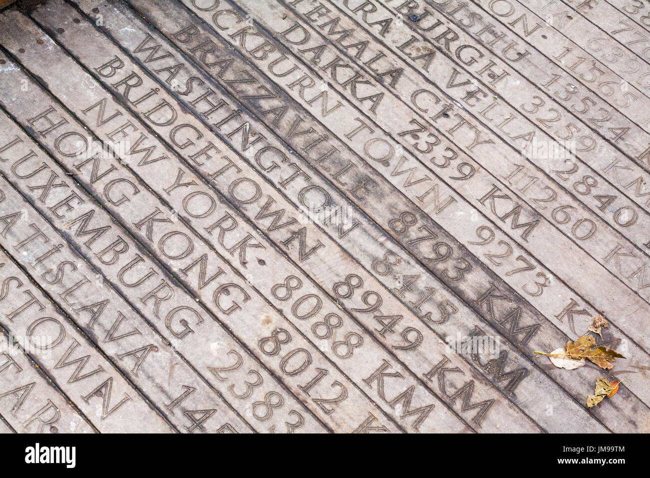 Wooden bridge with engraved geographical distances of world capitals from istanbul turkey to bridgetown Stock Photo