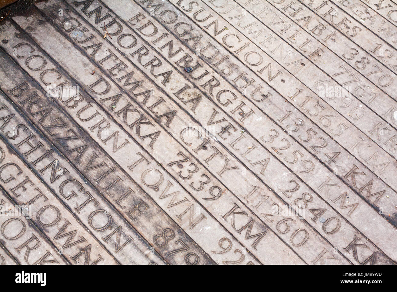 Wooden bridge with engraved geographical distances of world capitals from istanbul turkey to cockburn town Stock Photo