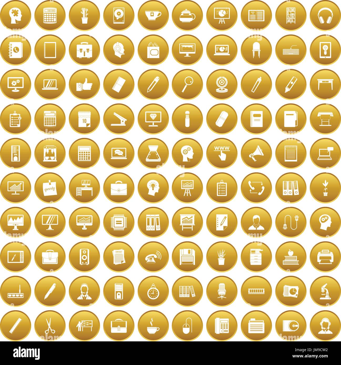 100 work space icons set gold Stock Vector
