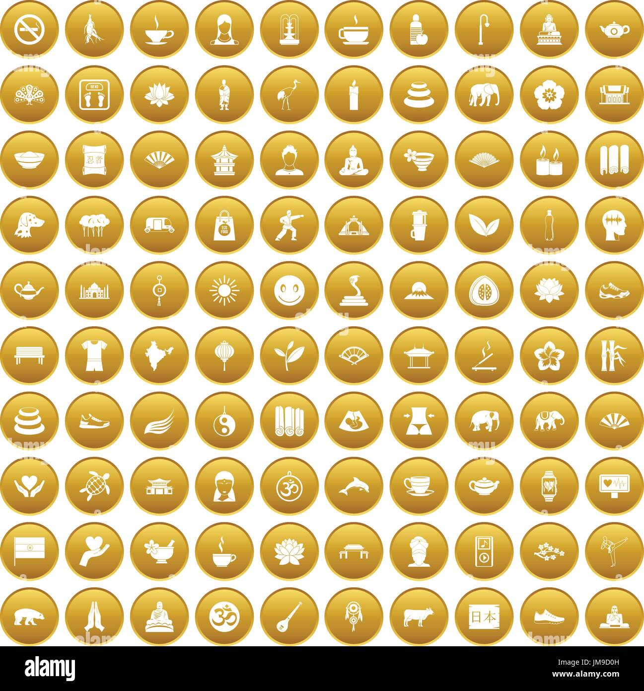 100 yoga icons set gold Stock Vector