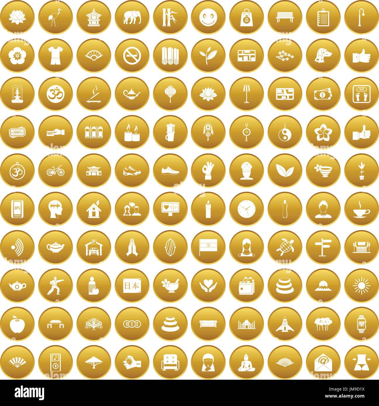 100 yoga studio icons set gold Stock Vector