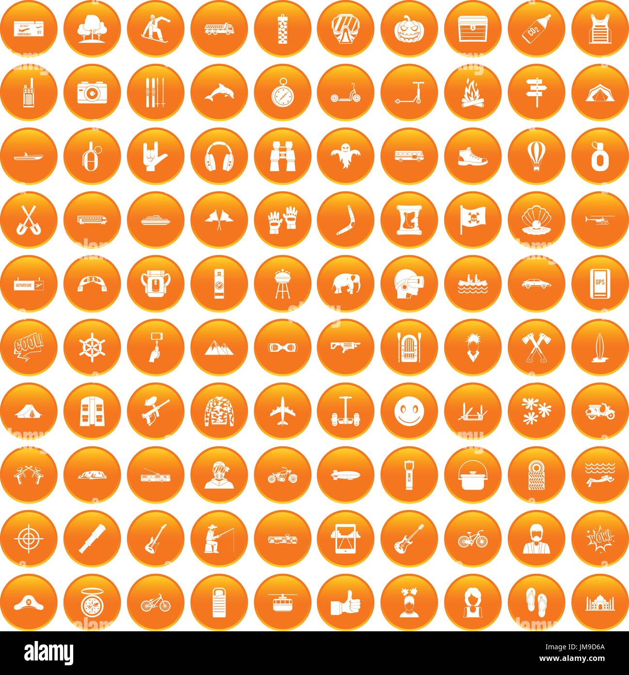 100 adventure icons set orange Stock Vector