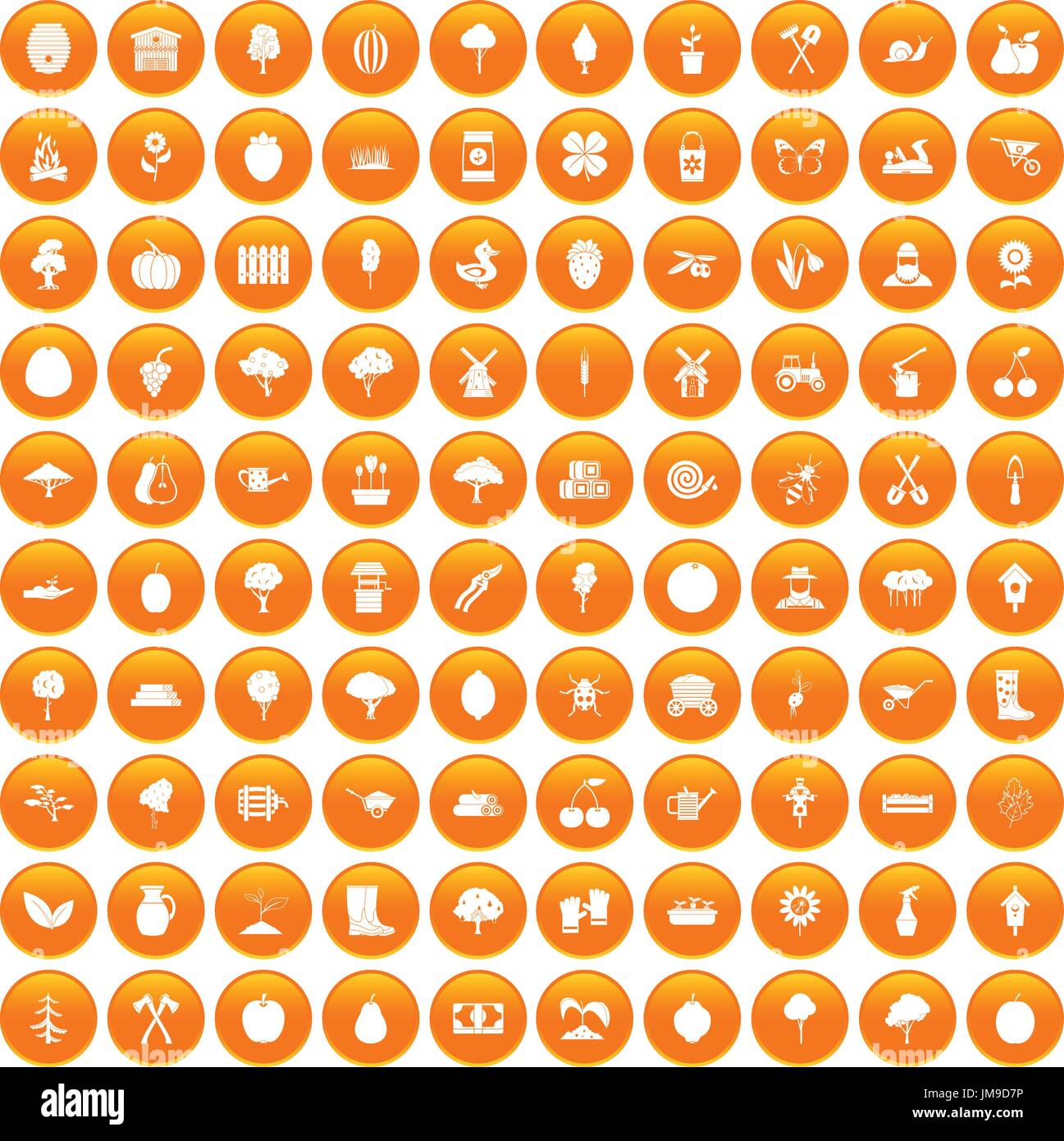 100 agriculture icons set orange Stock Vector
