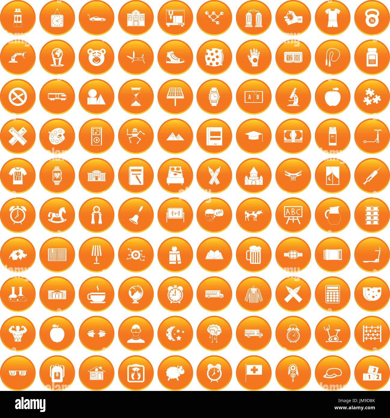 100 alarm clock icons set orange Stock Vector
