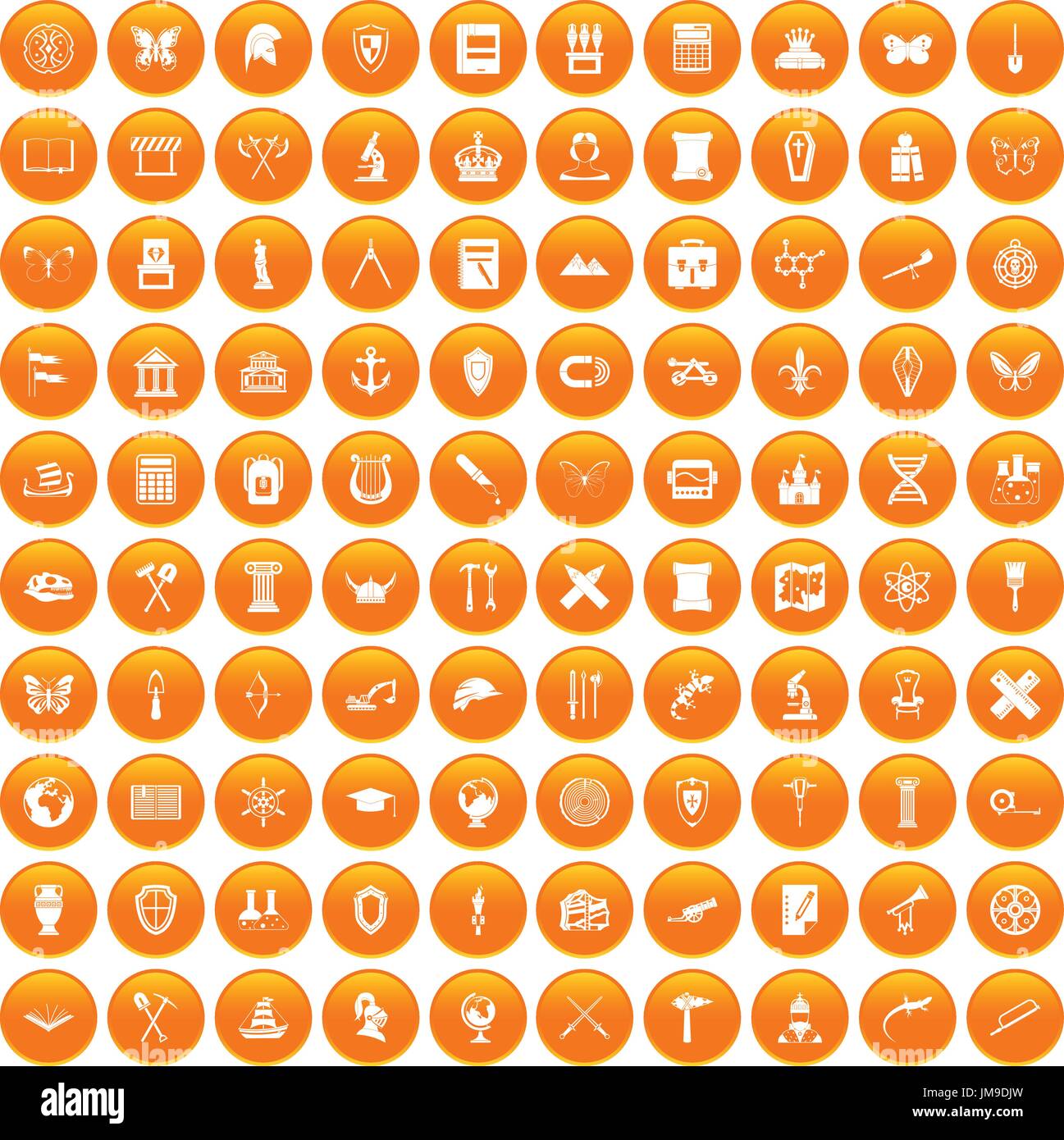 100 archeology icons set orange Stock Vector