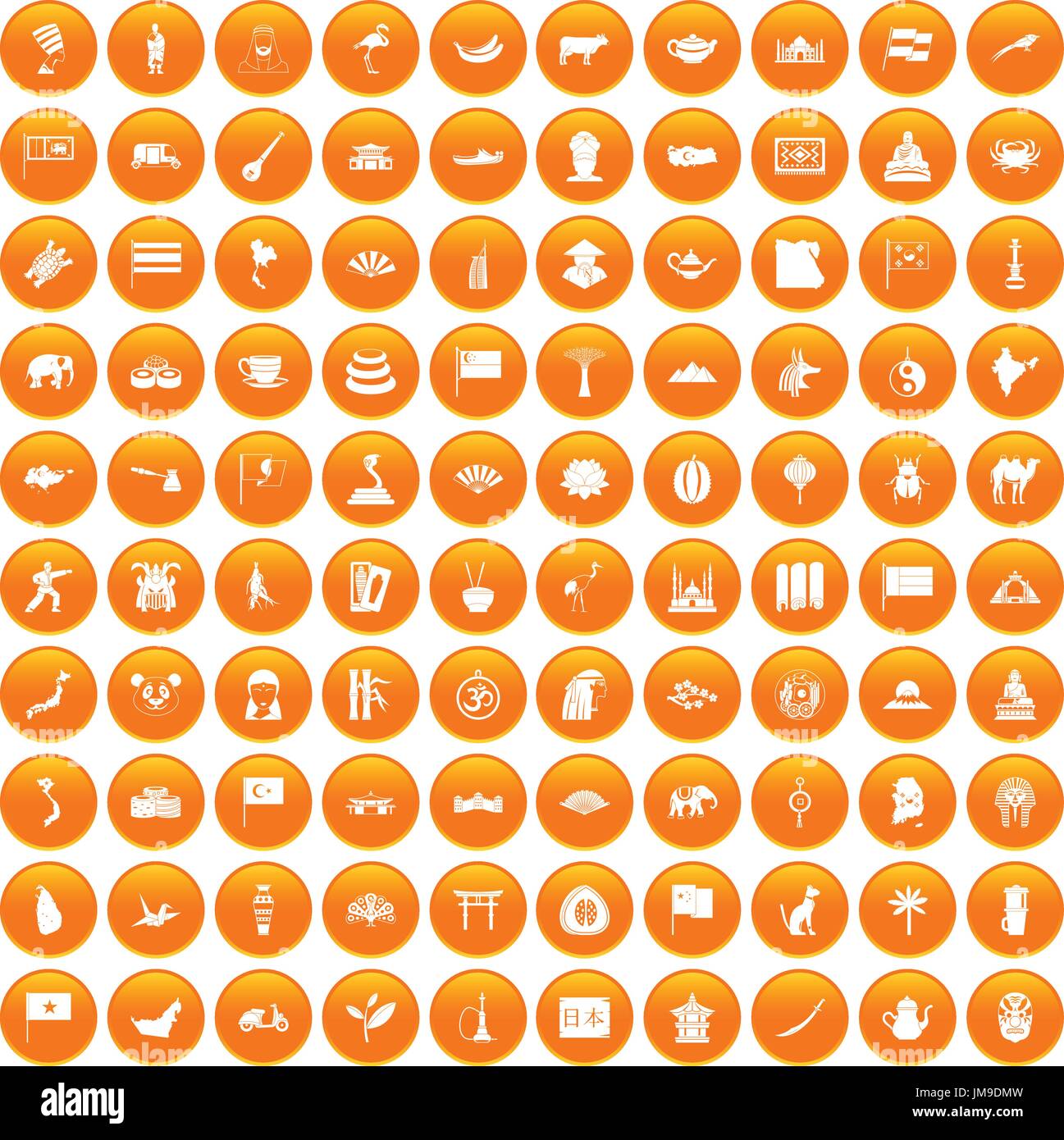 100 Asia icons set orange Stock Vector