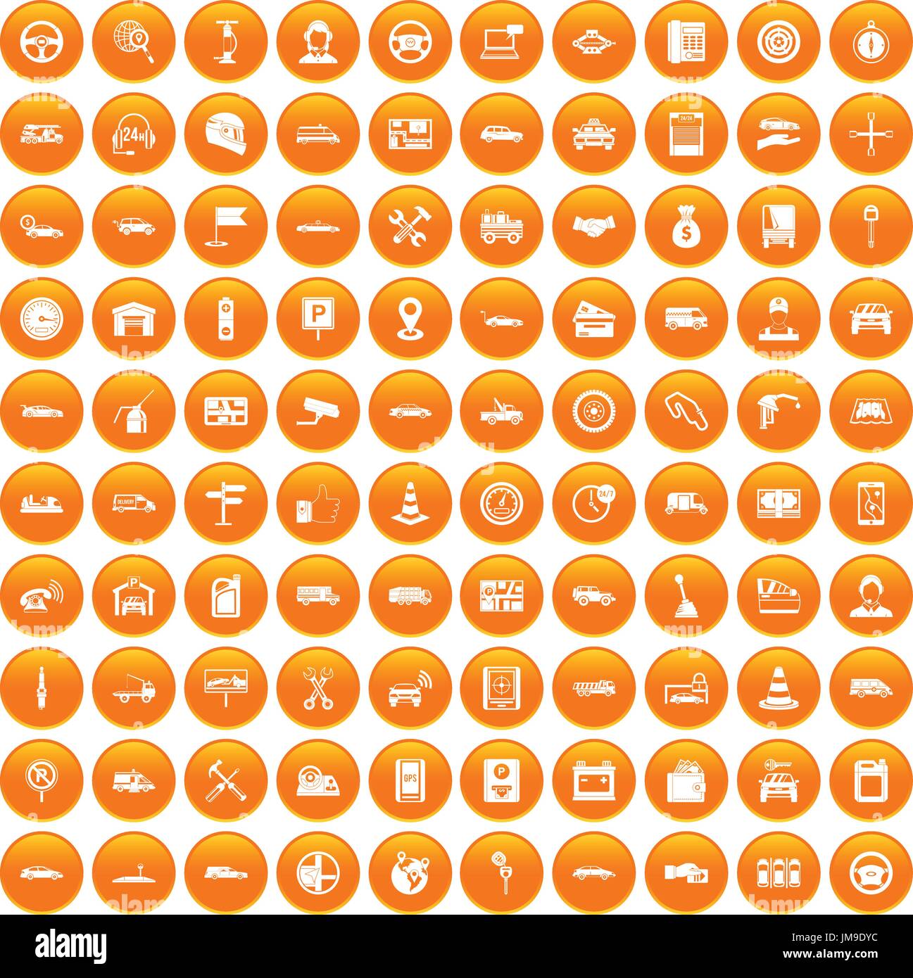 100 auto icons set orange Stock Vector