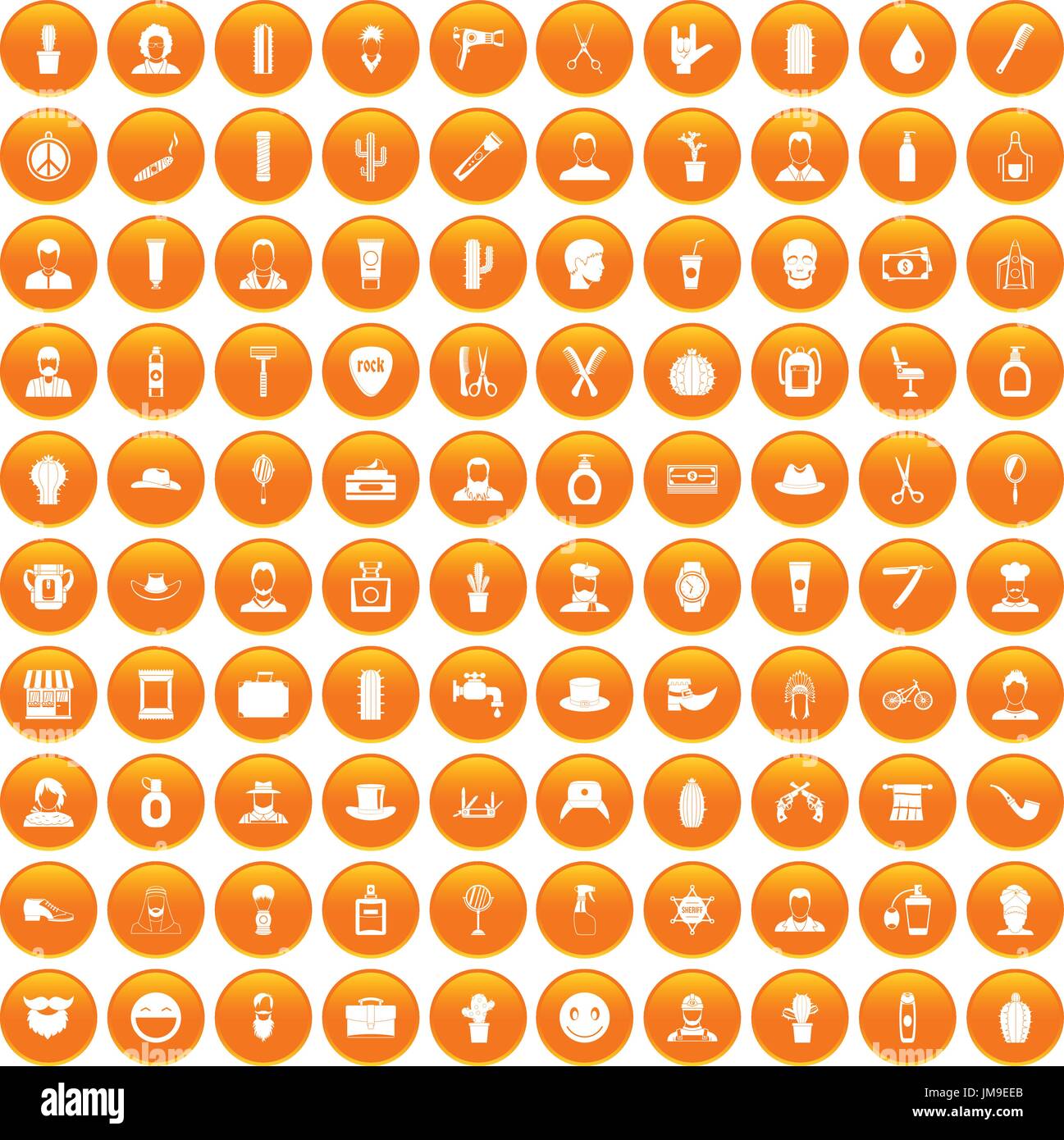 100 barber icons set orange Stock Vector