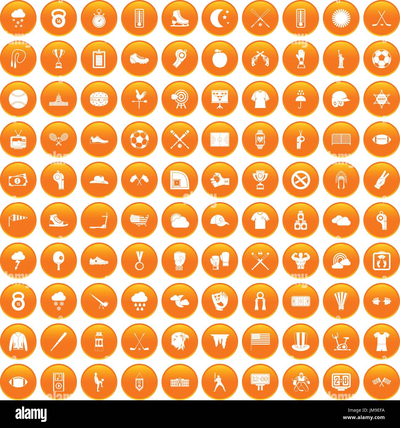 100 baseball icons set orange Stock Vector