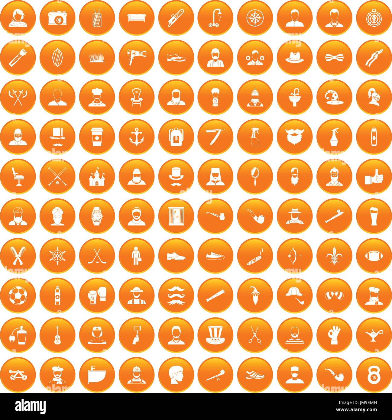 100 beard icons set orange Stock Vector