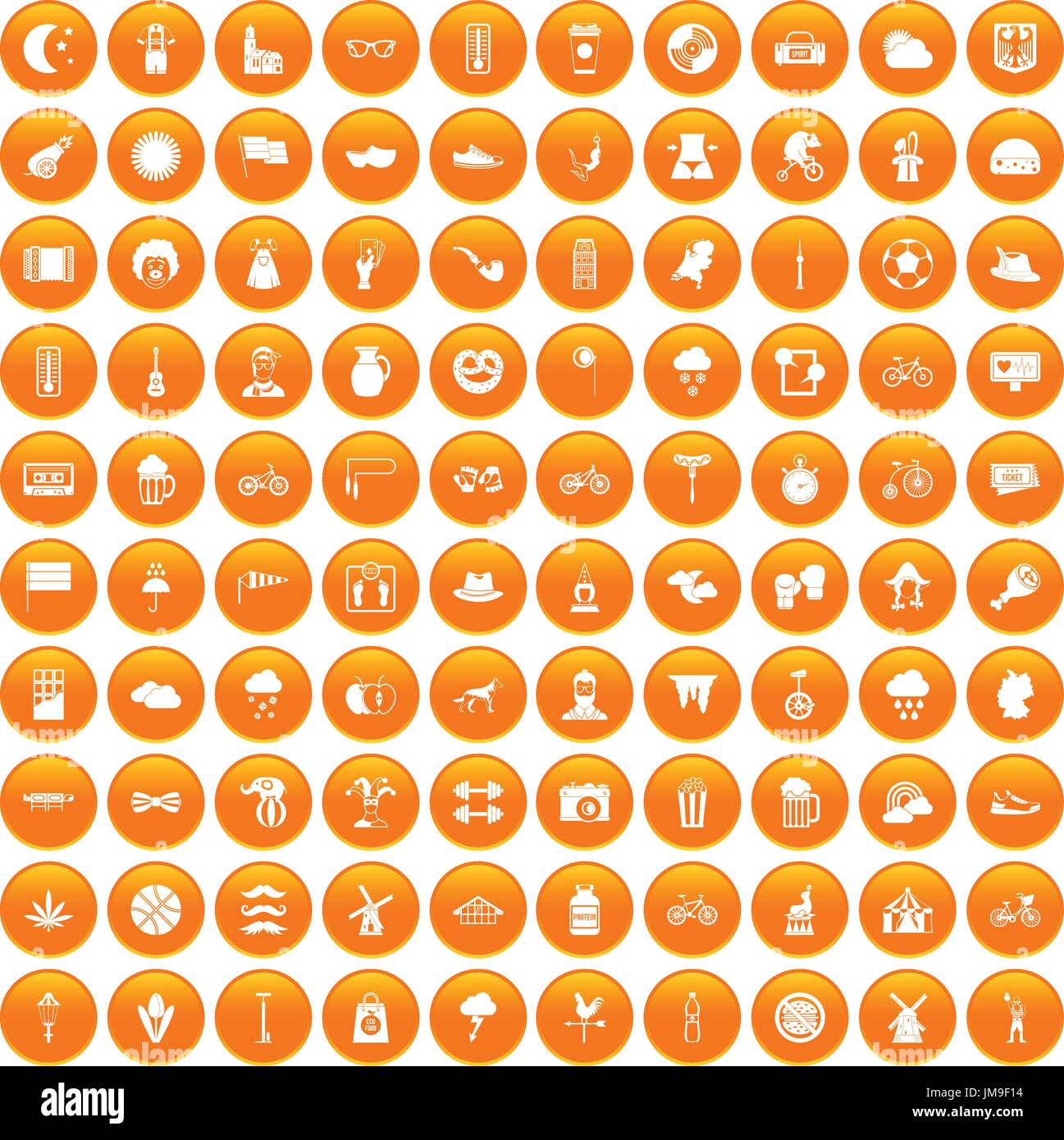 100 bicycle icons set orange Stock Vector