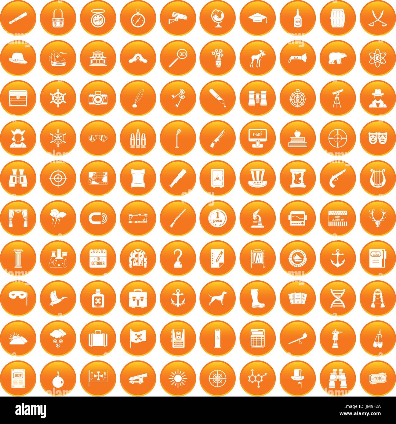 100 binoculars icons set orange Stock Vector