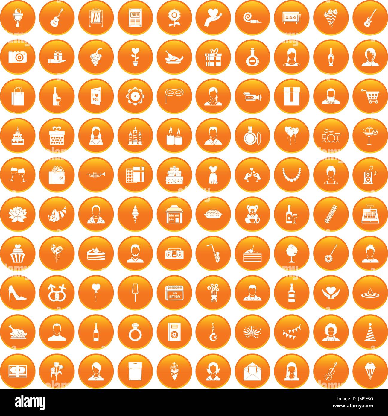 100 birthday icons set orange Stock Vector