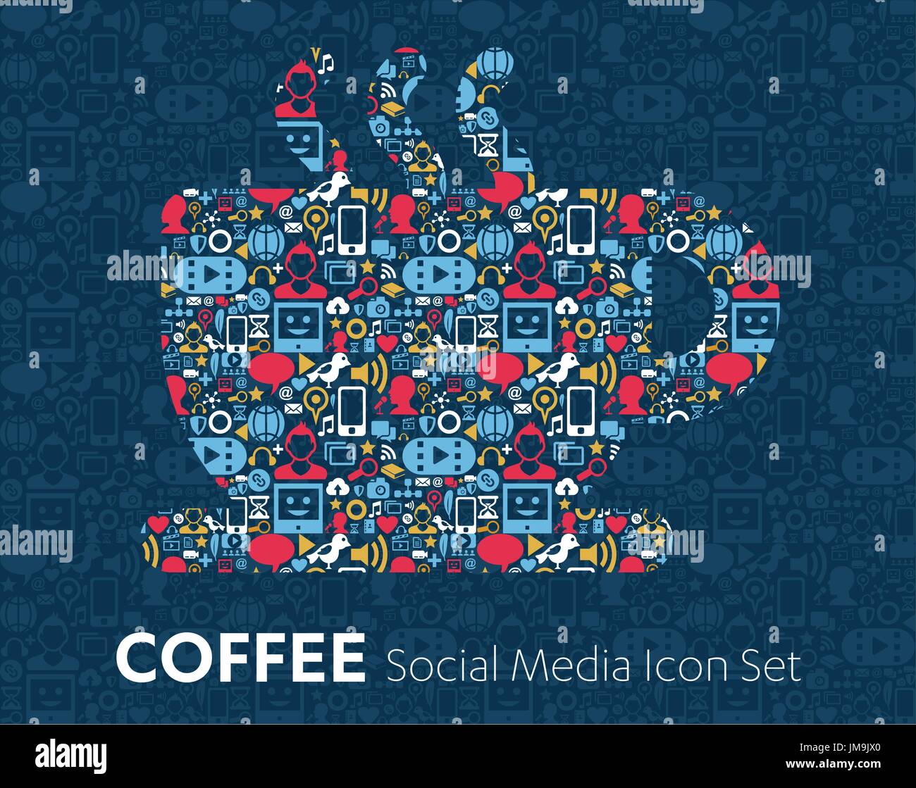flat icons technology, social media, network, computer concept. background with objects. smiley face sale. Share, Comment, Twitter, YouTube, WhatsApp, Stock Vector