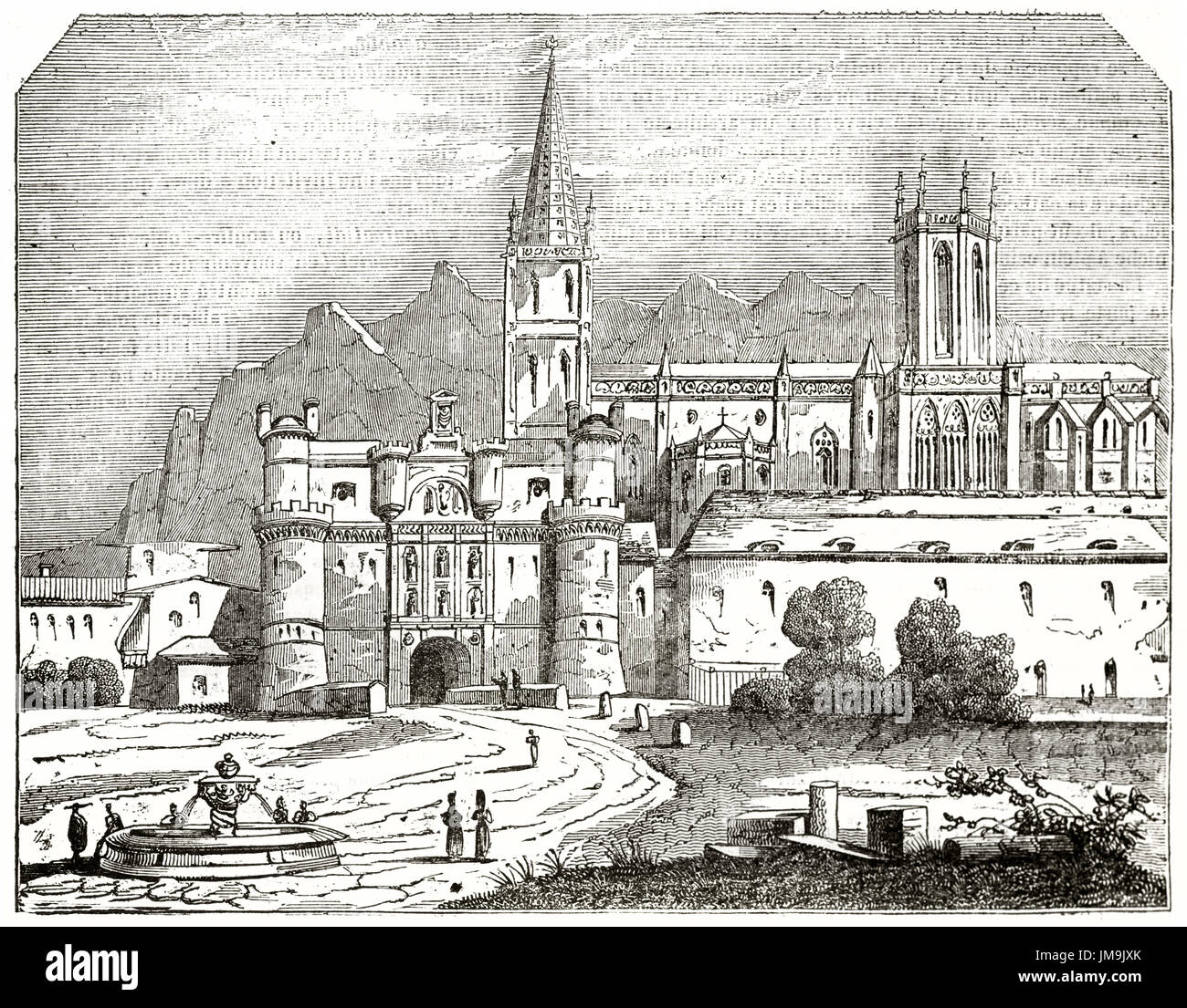 Old view of Burgos, Spain. Created by Laino, published on Magasin Pittoresque, Paris, 1837. Stock Photo