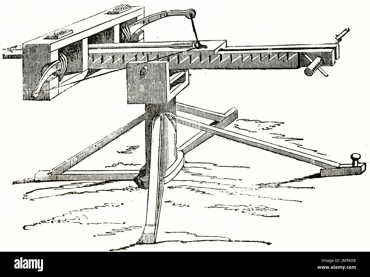 Old illustration of antique crossbow on a tripod. By unidentified author, published on Magasin Pittoresque, Paris, 1837. Stock Photo